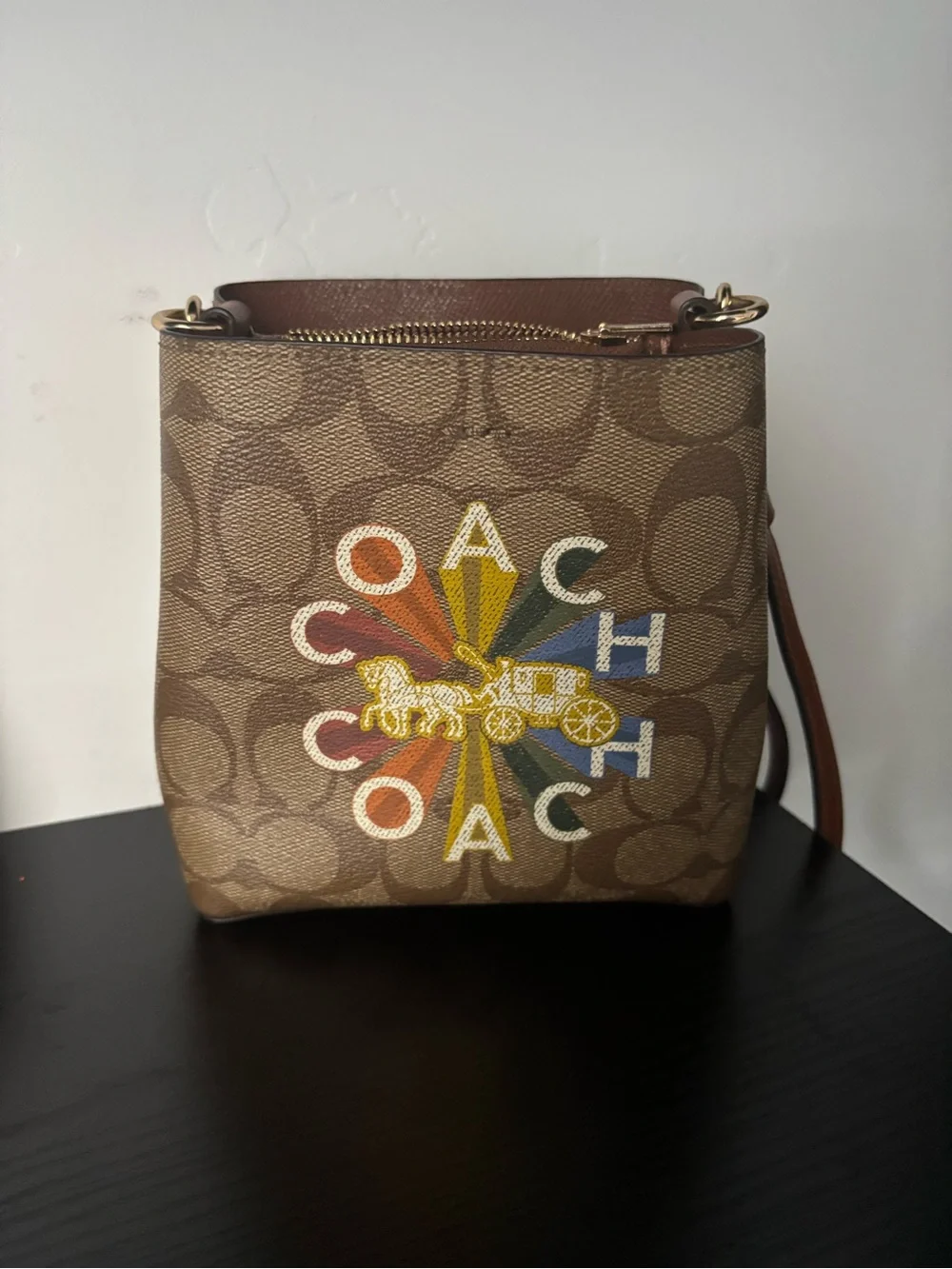 Coach Brown Signature Canvas Crossbody with Multicolor Logo